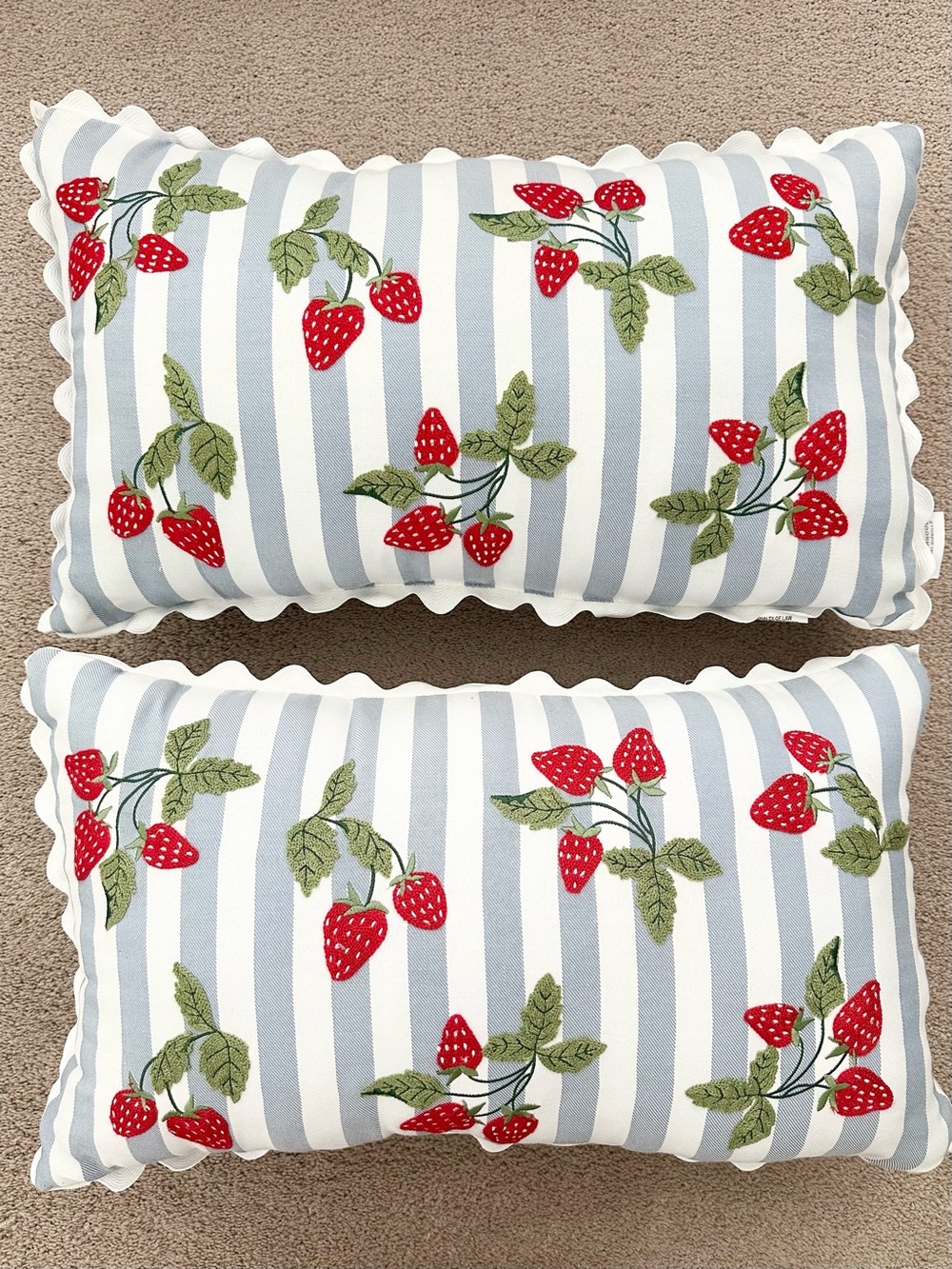 Set of 2 Strawberry Embroidered Blue & White Stripes Indoor/Outdoor Throw Pillow - Picture 3 of 17